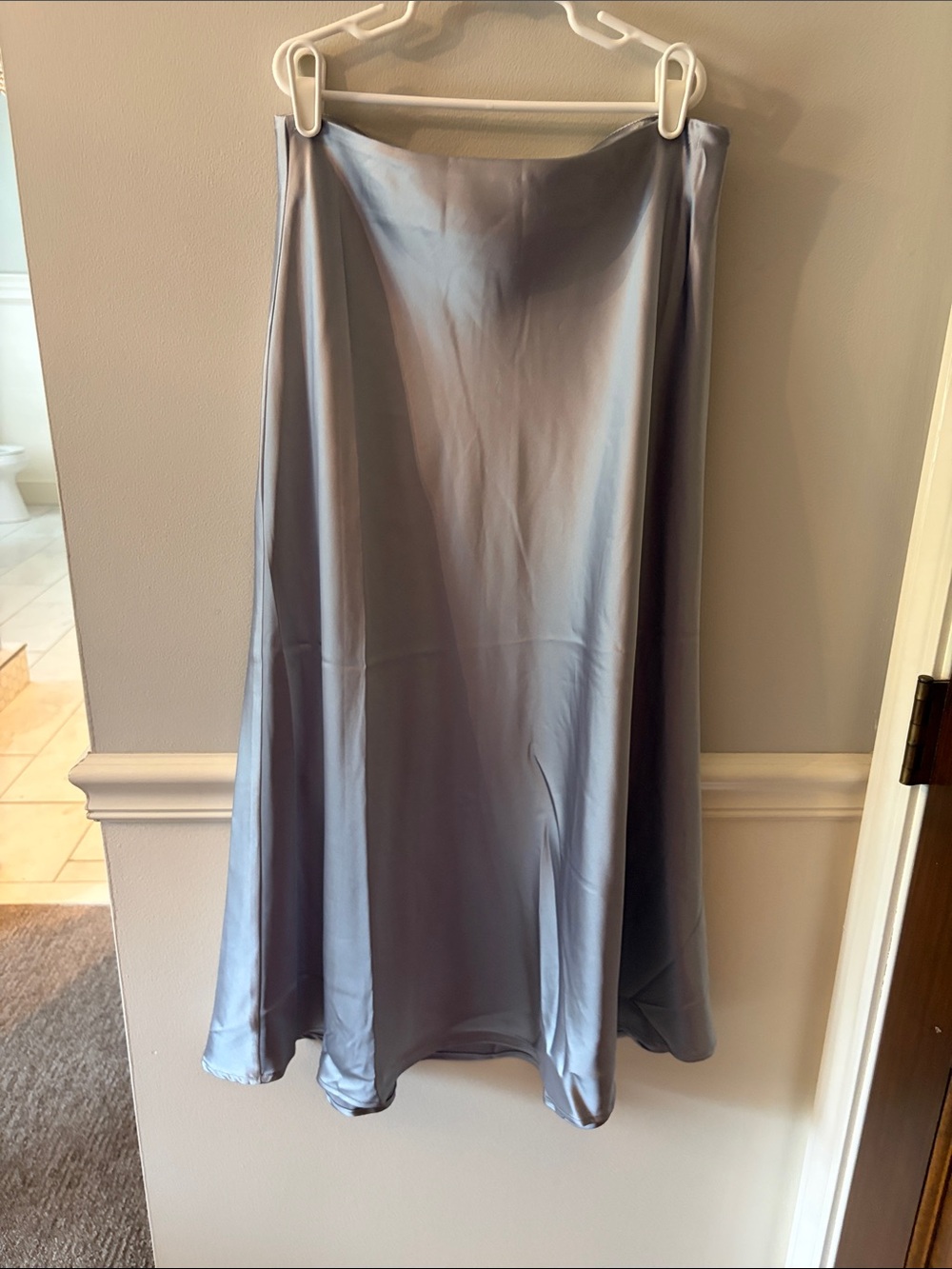 Silky Light Gray Bias-Cut Midi Skirt